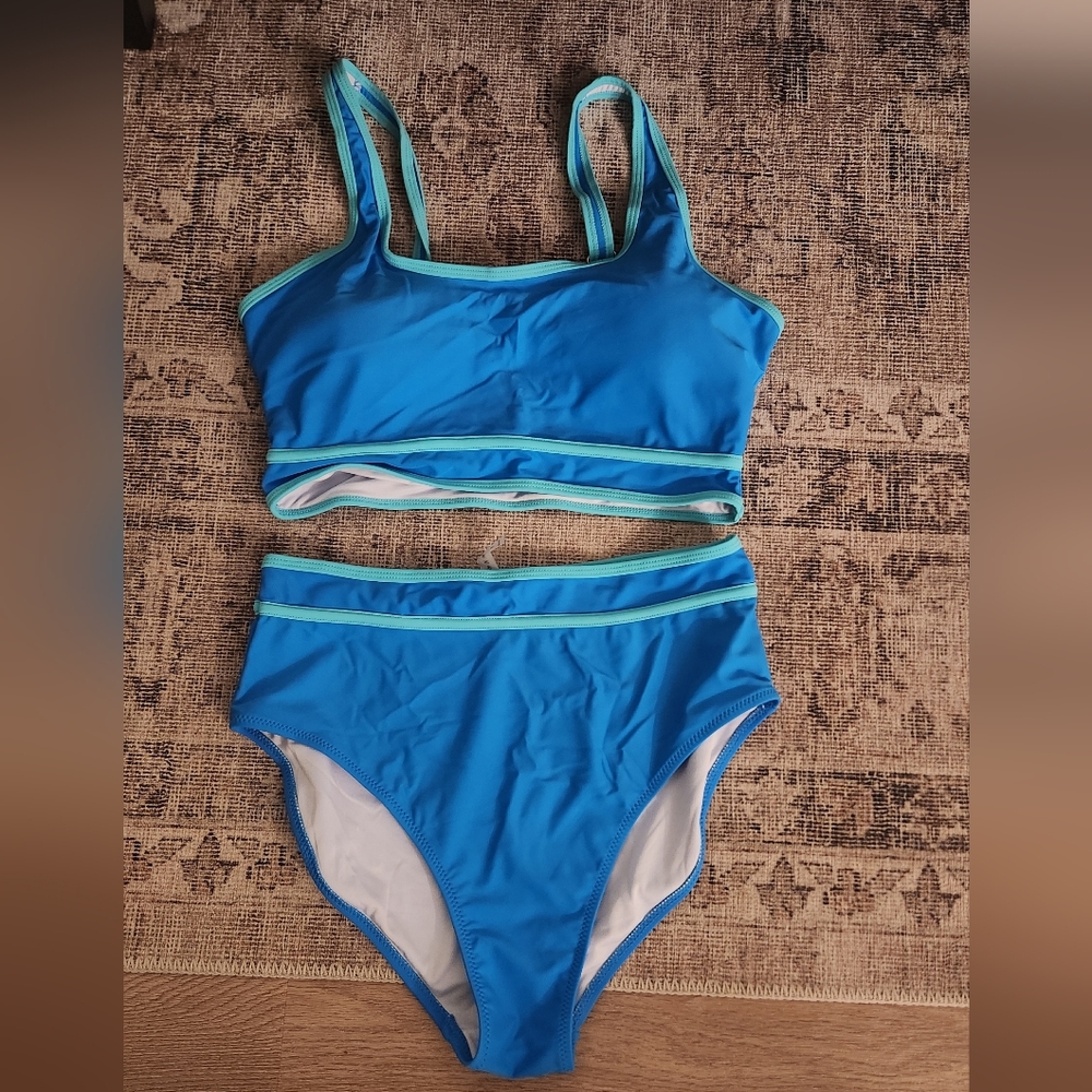 Blue and Teal Two-Piece Swimsuit High Waisted